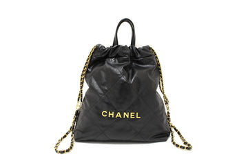 Chanel Black  Chanel 22 Calfskin Leather Drawstring Chain Backpack