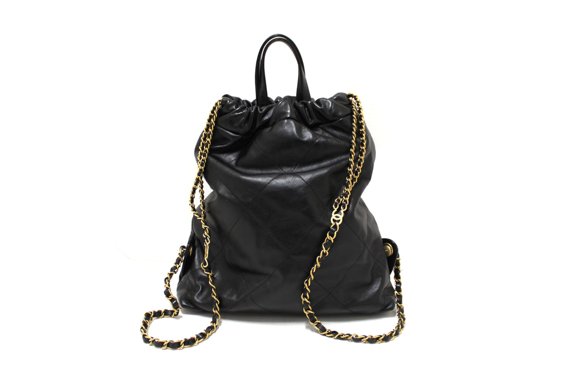 Chanel Black  Chanel 22 Calfskin Leather Drawstring Chain Backpack