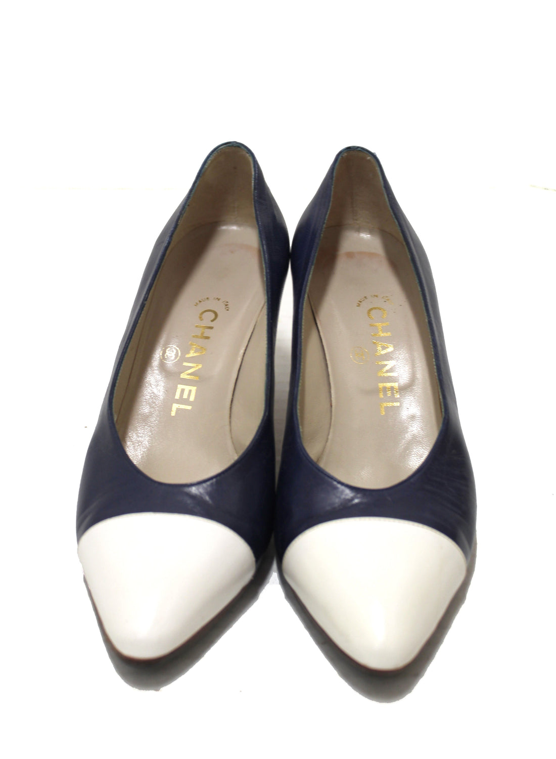Chanel Navy and White Leather Pointed Heel size 35.5