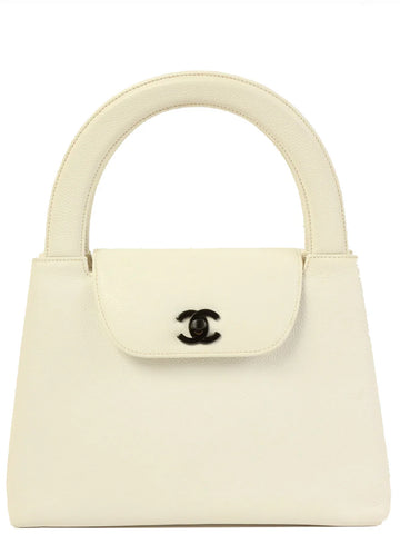 Top Quality Chanel Around 1998 Made Caviar Skin Turn-Lock Top Handle Bag White