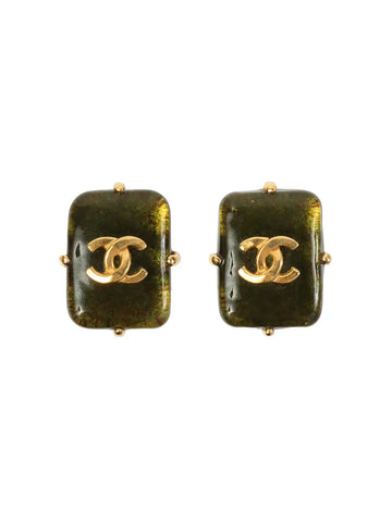 Top Quality Chanel 1997 Made Gripoix Rectangular Cc Mark Earrings Khaki/Gold