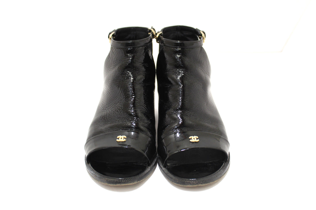 Chanel Black  Leather Peep Toe Short Ankle Boots 38.5