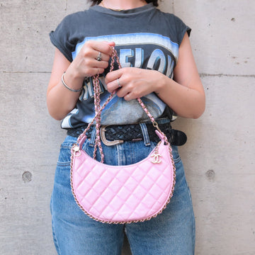 Auth  Chanel Matelasse Lamb Skin Small Hobo Shoulder Bag Pink AS3917  F/S