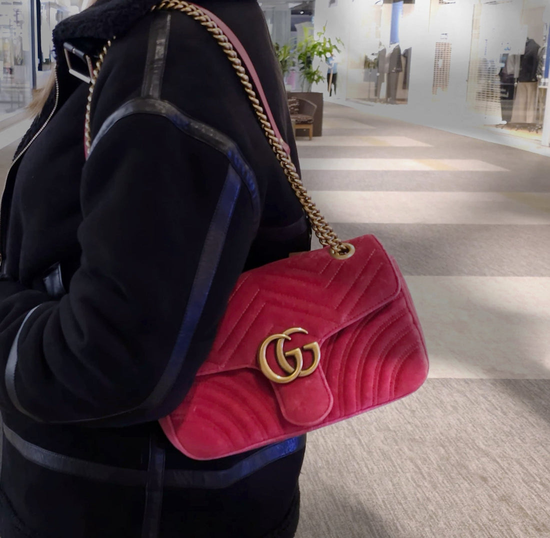 Gucci Pink Velvet GG Marmont Mini Metelasse Two-way Bag TWS