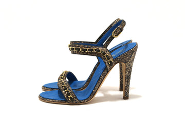NEW  Chanel Blue Leather and Tweed Chain Strap Sandal Heel Shoes Size 37