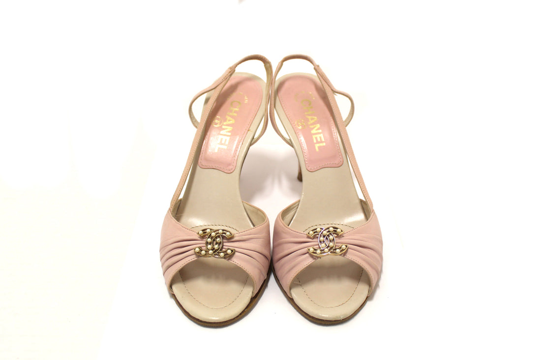 Chanel  Pink/White Leather Slingback Sandal Heel Shoes Size 37