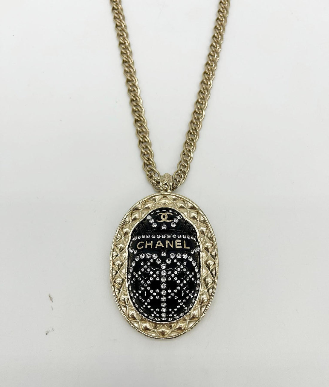 Chanel Black Rhinestone Egyptian Scarab Necklace