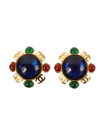 Top Quality Chanel 1990 Made Gripoix 4 Cc Mark Plate Earrings Gold/Multi