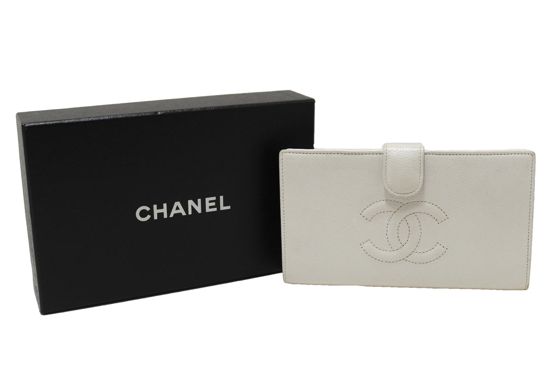 Chanel  White Caviar CC Leather Classic Long Wallet