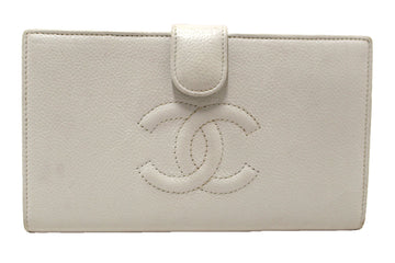 Chanel  White Caviar CC Leather Classic Long Wallet
