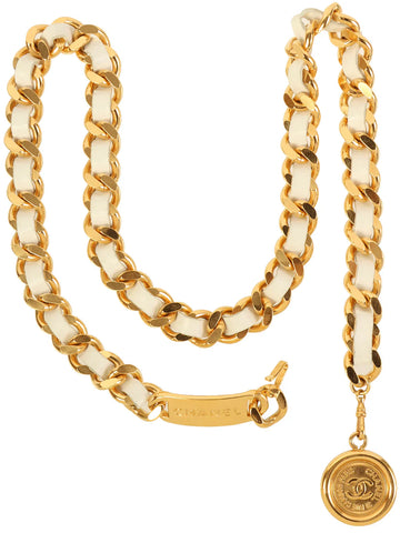 Top Quality Chanel 1995 Made Logo Plate Cc Mark Coin Charm Chain Belt Gold/White