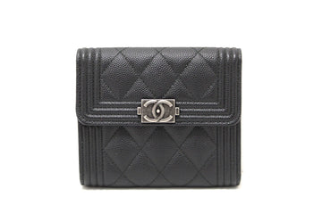 NEW   Chanel Black Quilted Caviar Leather Boy Small Trifold Wallet