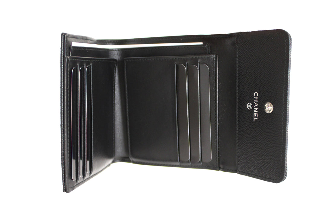NEW   Chanel Black Quilted Caviar Leather Boy Small Trifold Wallet