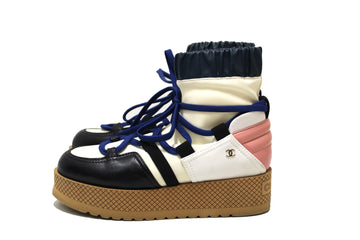 Chanel Lambskin & Mixed Fibers Ivory, Rose, Blue & Black Lace Up Platform Size 35.5 C