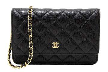 NEW  Chanel Black Quilted Caviar Leather Wallet On Chain WOC Messenger Bag