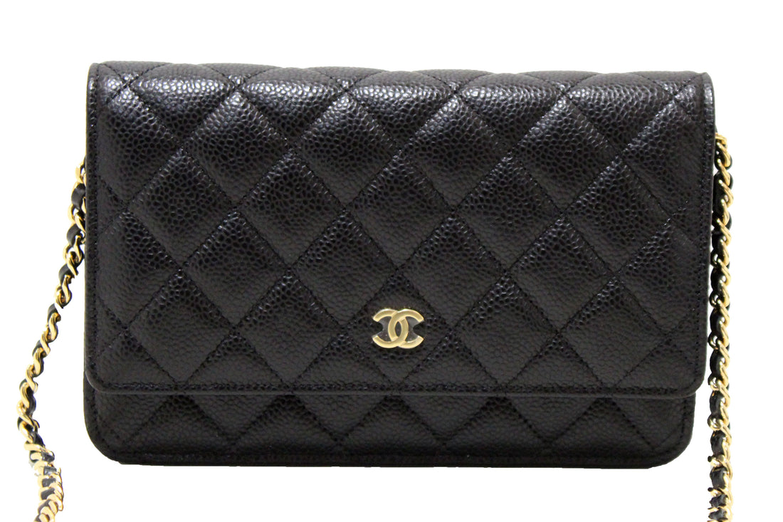 NEW  Chanel Black Quilted Caviar Leather Wallet On Chain WOC Messenger Bag