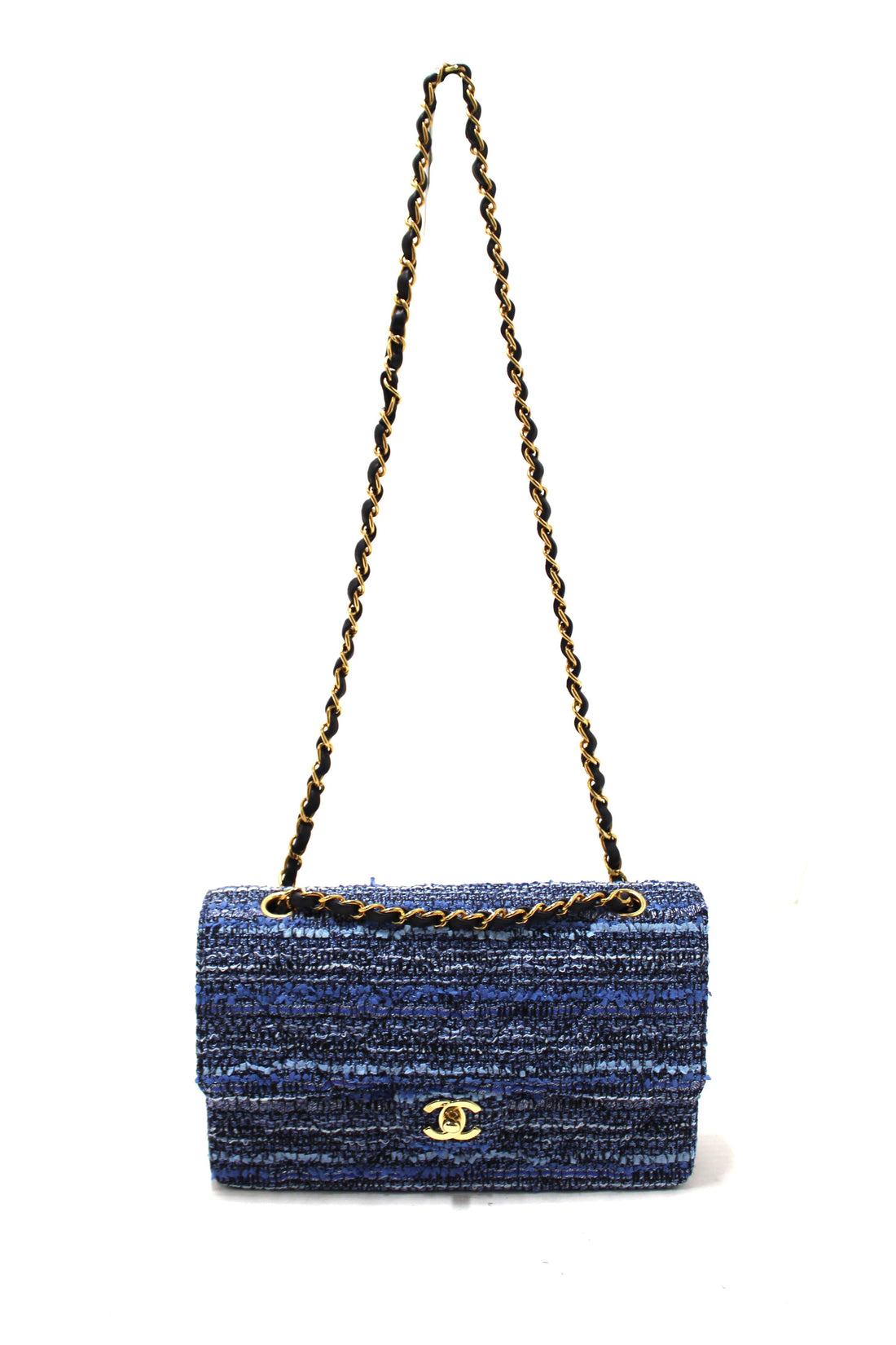 Top Quality Chanel Blue Tweed and Leather Classic Medium Double Flap Shoulder Bag