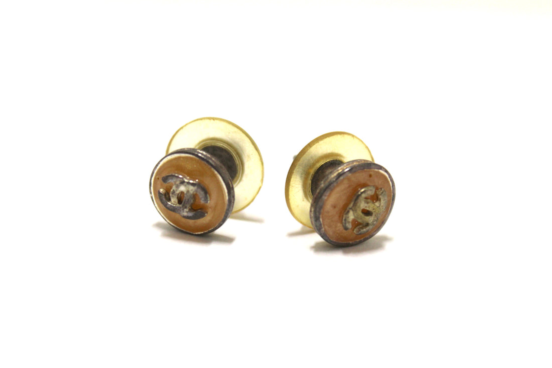 Chanel  Costume Round CC Amber Pearl Color Studded Earrings
