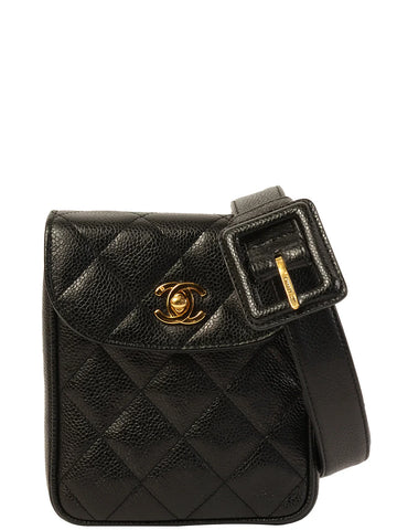Top Quality Chanel Around 1995 Made Caviar Skin Turn-Lock Waist Bag Black