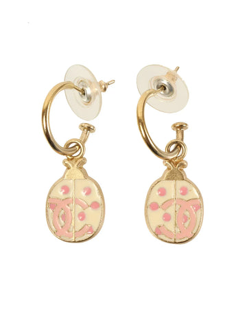 Top Quality Chanel 2007 Ladybug Motif Cc Mark Swing Pierced Earrings Gold/Ivory/Pink