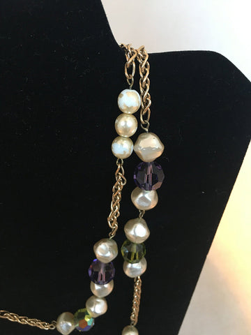 Chanel  Pearl and Green and Purple Beaded Necklace with Crystal Ball