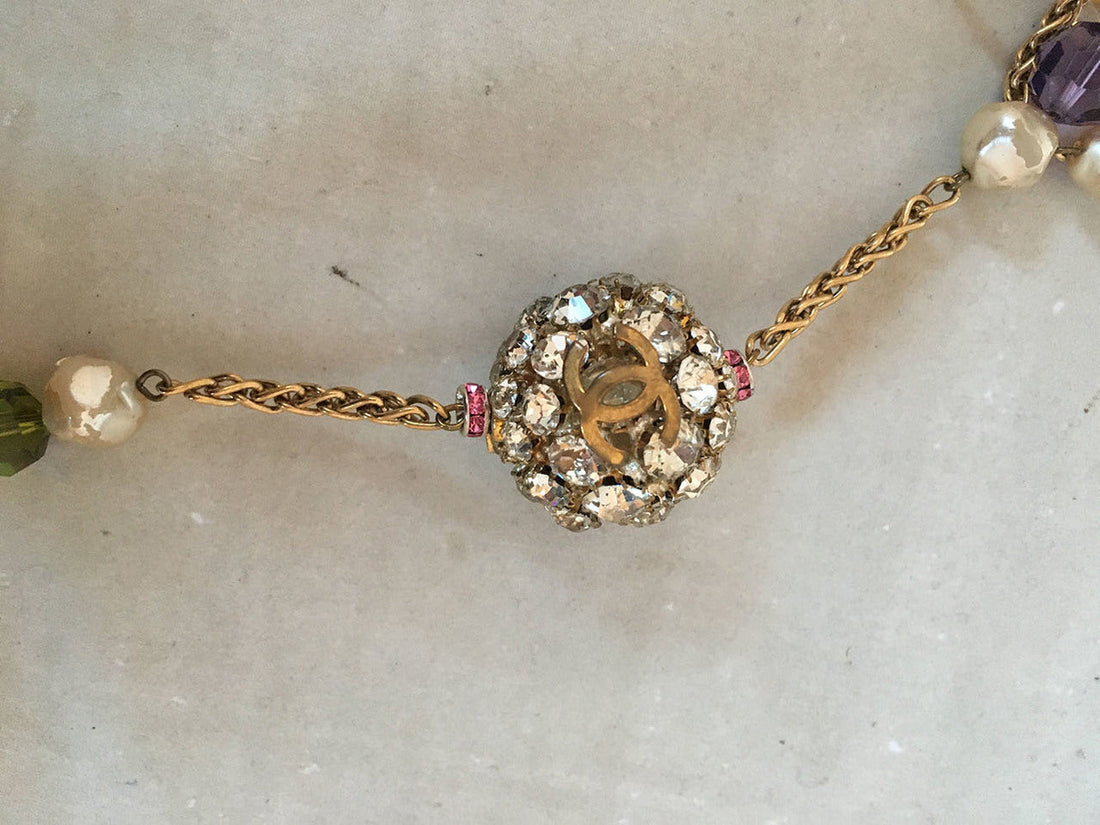 Chanel  Pearl and Green and Purple Beaded Necklace with Crystal Ball