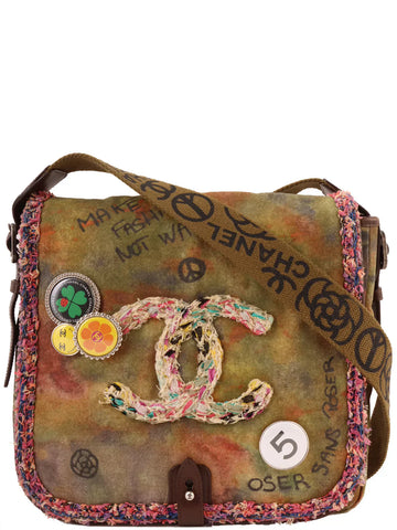 Chanel Around  Made Canvas Tweed Combination Embroidery Shoulder Bag Khaki/Multi