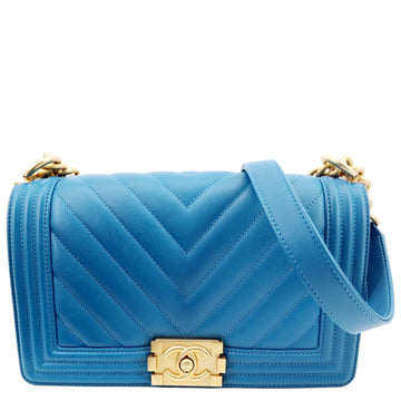 Chanel Medium Boy Flap Chevron Quilted CalBNkin Shoulder Bag Blue