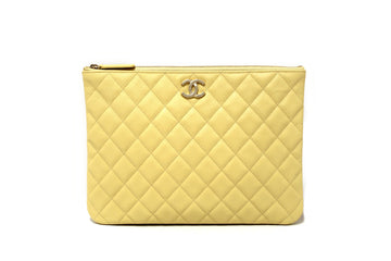 New  Chanel Yellow Caviar Leather Classic Zipped O Case Pouch Clutch Bag