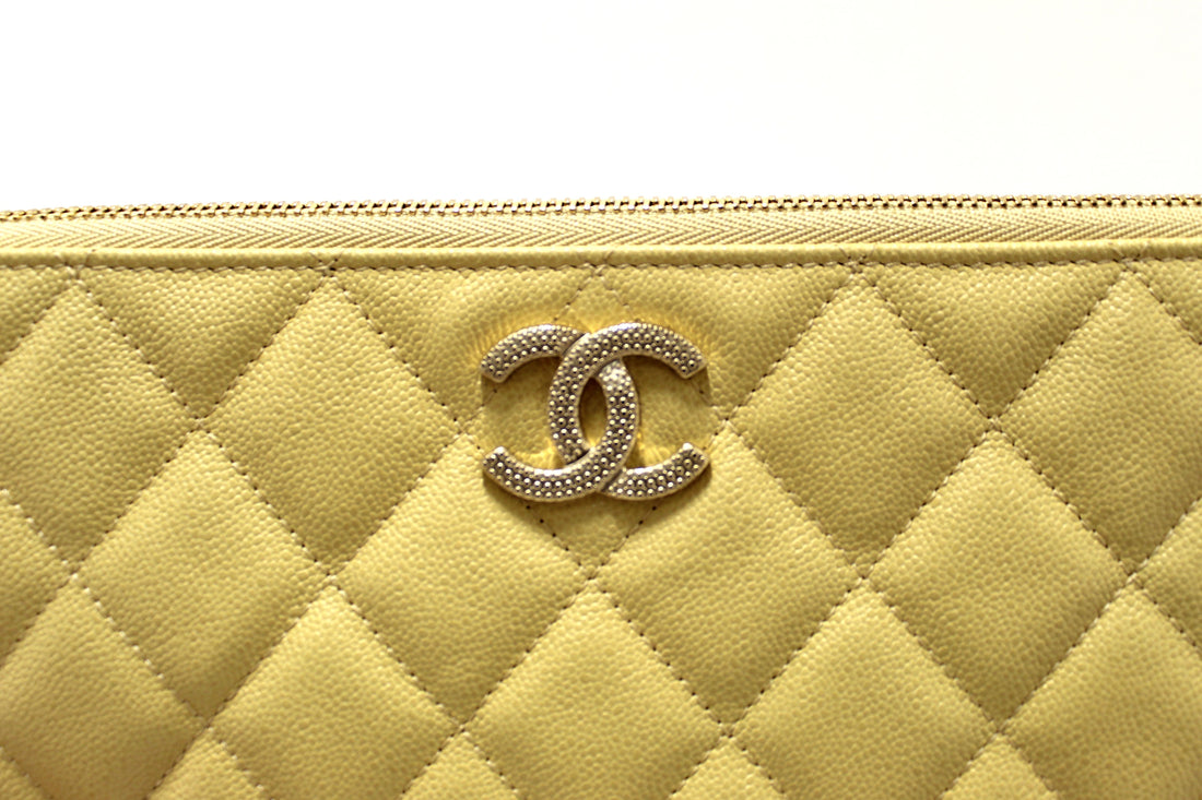 New  Chanel Yellow Caviar Leather Classic Zipped O Case Pouch Clutch Bag