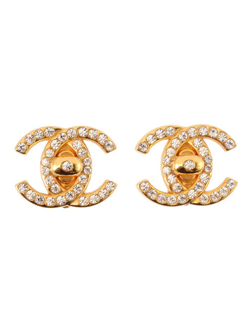 Top Quality Chanel 1997 Made Rhinestone Turn-Lock Earrings Gold