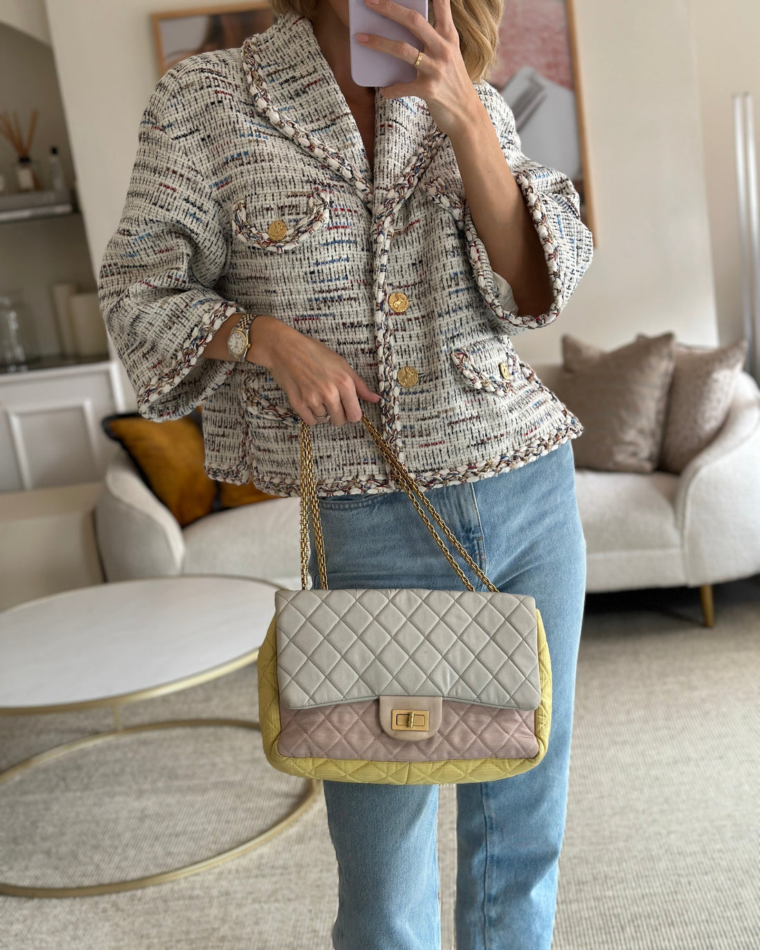 *SUPER FIRE PRICE* Pearl Street Bags Chanel Large Jersey Reissue Pastel Yellow, Grey and Pink with Antique Gold Hardware