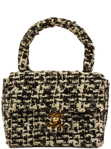Top Quality Chanel Around 1992 Made Tweed Sequin Classic New Top Handle Bag Mini Black/White