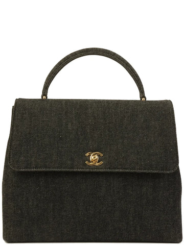Top Quality Chanel Around 1998 Made Denim Turn-Lock Top Handle Bag Black