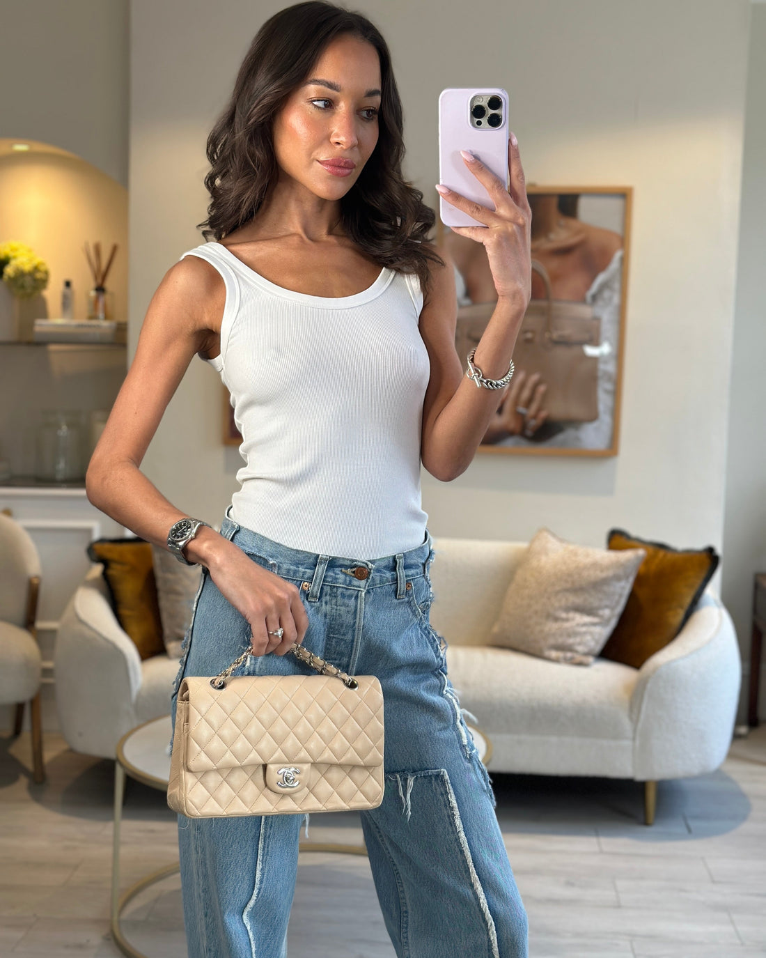 *FIRE PRICE* Pearl Street Bags Chanel Beige Medium Double Flap Bag in Lambskin Leather with Silver Hardware