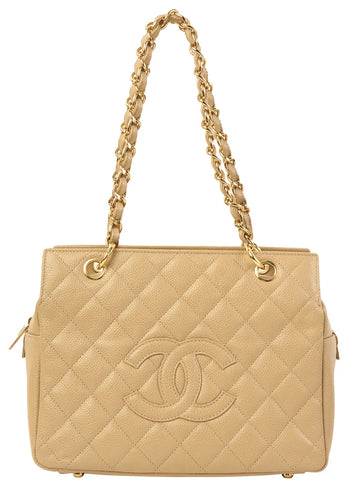 Top Quality Chanel Around 2001 Made Caviar Skin Cc Mark Stitch Chain Tote Bag Greige