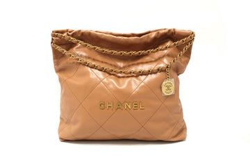 New  Chanel 22 Camel Shiny Calfskin Leather Shoulder Tote Bag