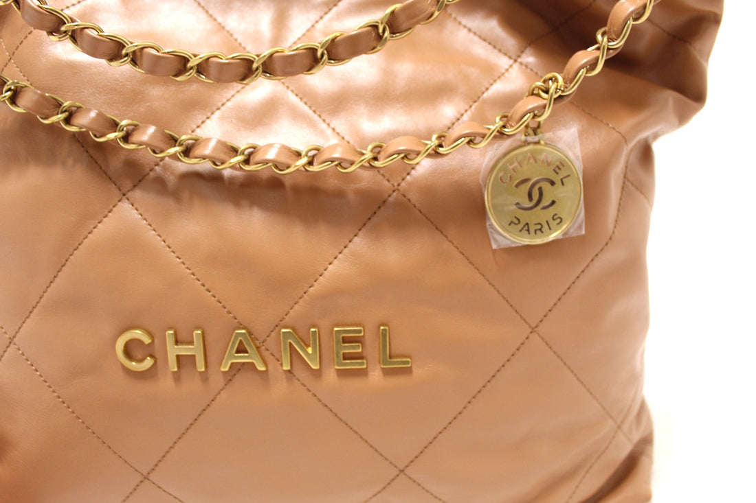 New  Chanel 22 Camel Shiny Calfskin Leather Shoulder Tote Bag