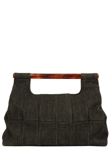 Top Quality Chanel Around 1998 Made Denim Tortoiseshell Logo Top Handle Bag Black