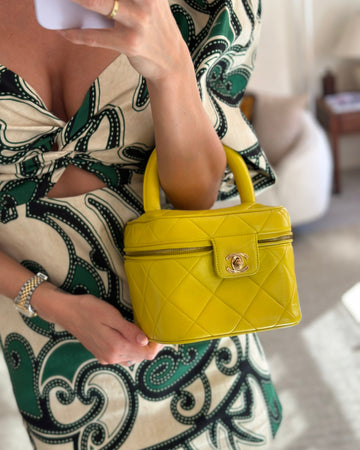 * 90'S * Chanel Yellow  Top Handle Vanity Bag in Lambskin Leather with 24k Gold Hardware