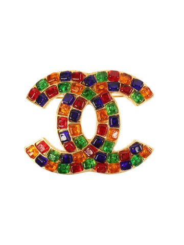 Top Quality Chanel 1995 Made Gripoix Stone Cc Mark Brooch Gold/Multi