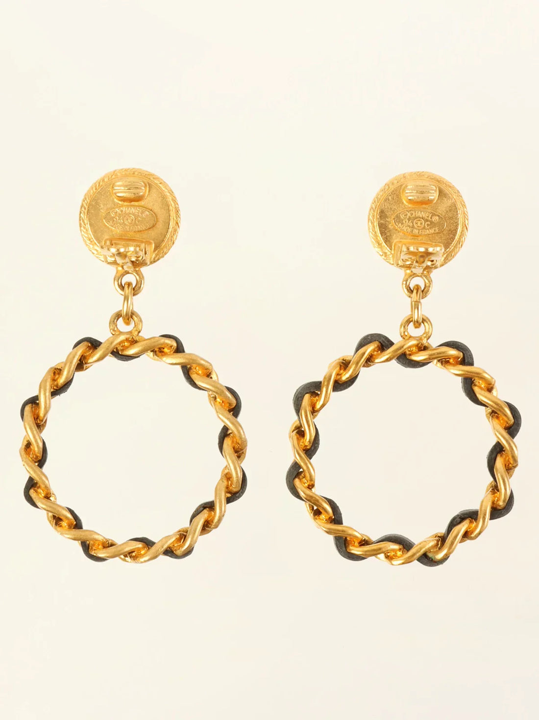 Top Quality Chanel 1994 Made Round Clover Hoop Swing Earrings Gold/Black