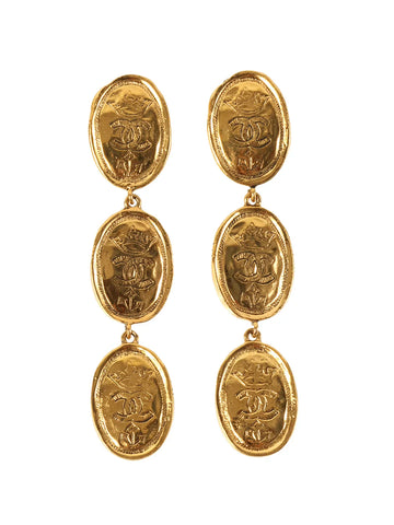 Top Quality Chanel 1991 Made Oval Cc Mark Crown Swing Earrings Gold