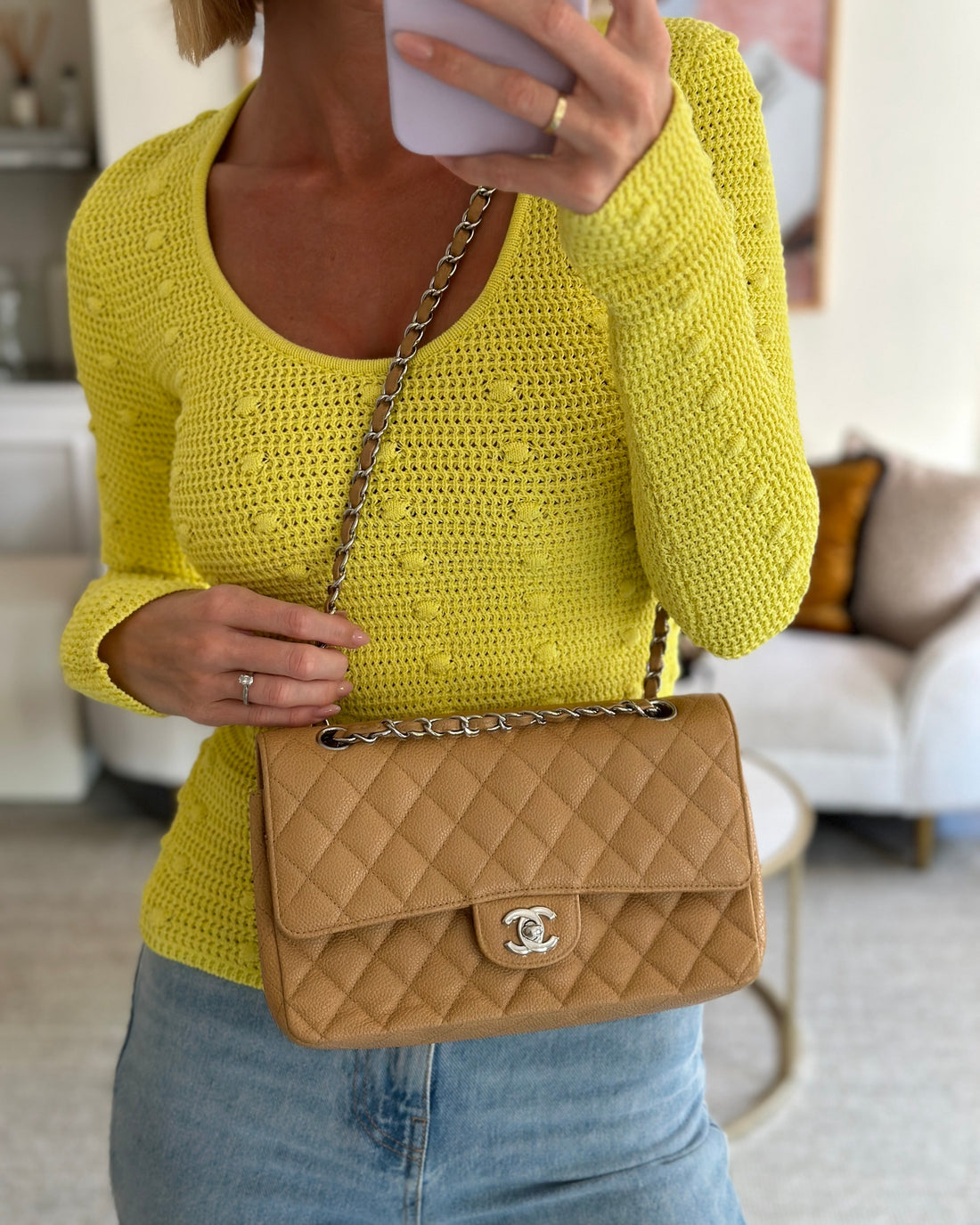 Pearl Street Bags Chanel Chai Latte Medium Classic Double Flap Bag in Caviar with Silver Hardware