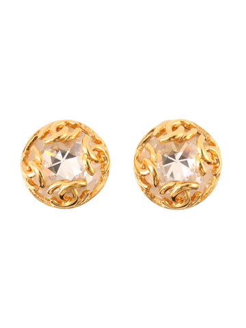 Top Quality Chanel 1995 Made Rhinestone Round 4 Cc Mark Earrings Gold