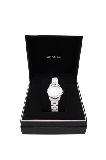Chanel White Ceramic J12 Diamond Quatz Watch 33mm H2422