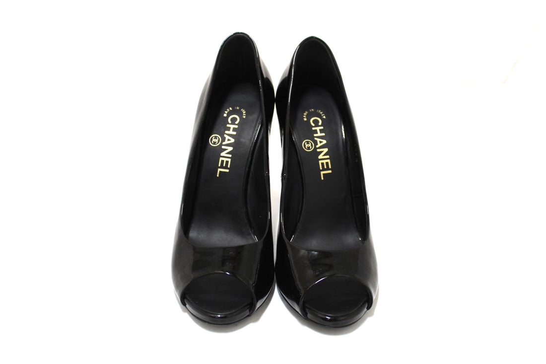 Chanel Black  Leather CC Pearl Embellished Heel Peep Toe Pumps Size 38