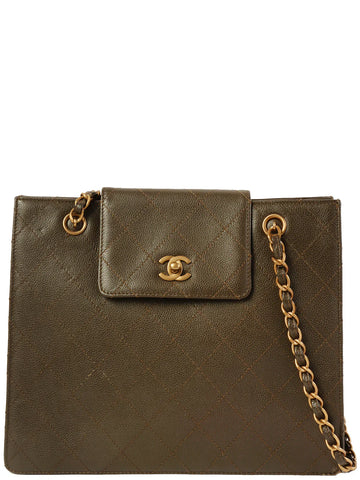 Top Quality Chanel Around 1998 Made Caviar Skin Turn-Lock Tote Bag Brown