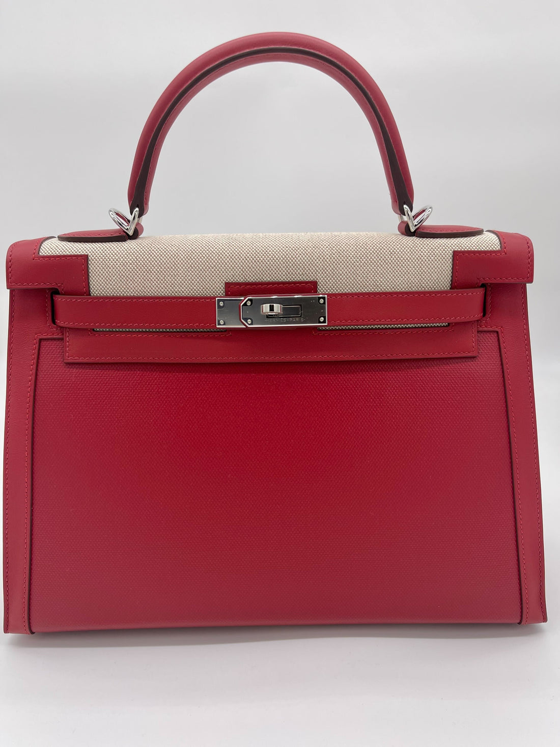 Hermes Kelly 32 Sellier Rouge Piment Leather and Toile Berline Palladium Hardware
