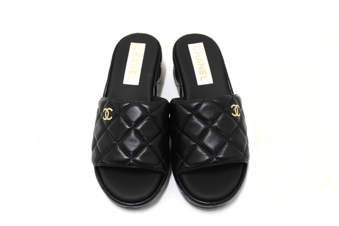 Chanel Black Quilted Lambskin Leather Platform Slide Size 36
